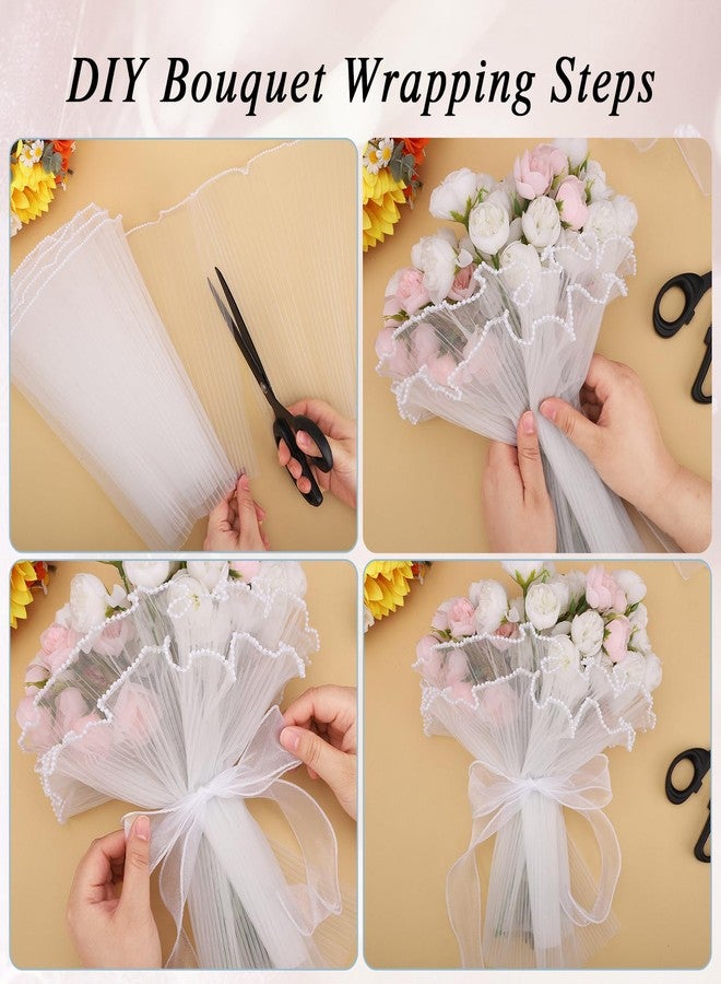 woric 4.37 Yards White Flower Bouquet Wrapping Paper with 10 Yards White Ribbon, Pearl Edge Wrinkled Floral Wrapping Mesh Paper for Valentine's Day Florist Supplies Wedding Party Favor Decor - Image 4